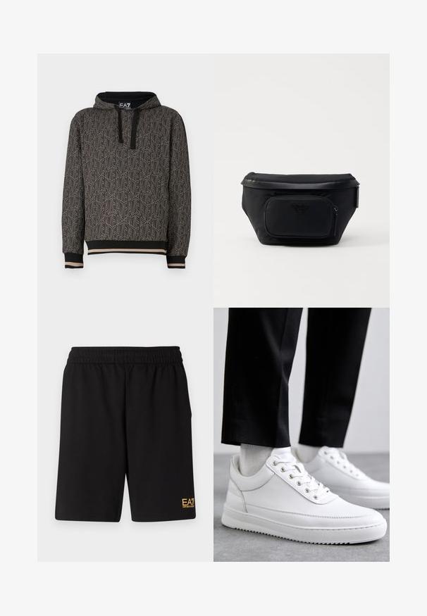 Sudadera oscura con capucha que presenta un patrón geométrico repetido, confeccionada en una tela texturizada. Capucha con cordones negros y puños a rayas en la parte inferior.; Pantalones cortos deportivos negros de tejido suave, con una cintura elástica y un pequeño logo amarillo de EA7 en la parte inferior de la pierna izquierda.; Zapatillas de cuero blanco con una suela de goma plana, que presentan un acabado suave, punta redonda y ojetes de metal para los cordones. Llevadas con pantalones negros.; Bolsa negra de nailon con un bolsillo delantero con cremallera, presenta una textura lisa y un acento de logo. Diseño estructurado con una tapa plegable.
