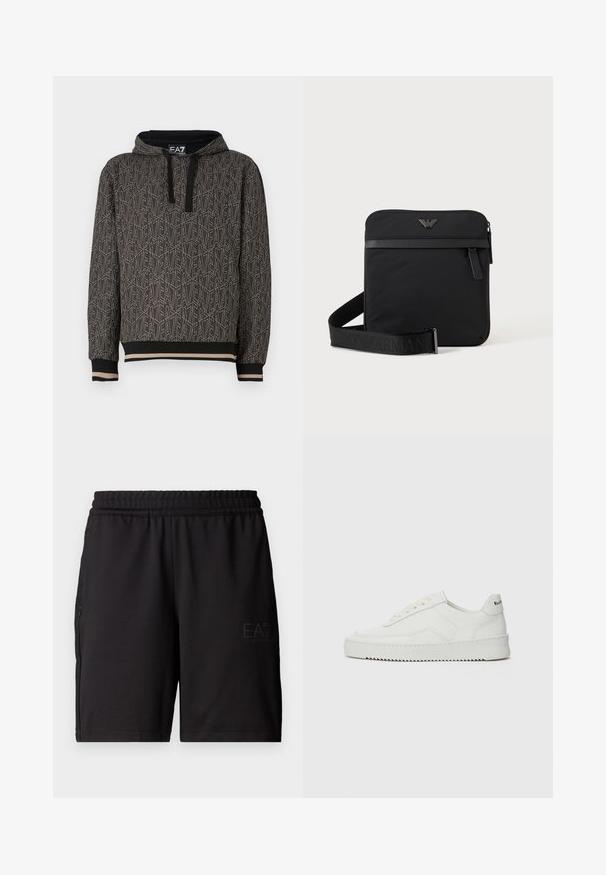 Dunkelgrauer Hoodie mit einem sich wiederholenden geometrischen Muster, aus einem strukturierten Stoff gefertigt. Kapuze mit schwarzen Kordeln und gestreiften Bündchen am Saum.; Schwarze Sportshorts aus leichtem Material, mit elastischem Bund und seitlichen Netzpaneelen. Markenlogo auf der Vorderseite gedruckt.; Weiße Ledersneaker mit glatter Oberfläche, runder Zehenpartie, flachen Schnürsenkeln und strukturiertem Sohlenprofil. Mit einem dezenten Logo an der Ferse.; Schwarze quadratische Schultertasche mit Reißverschluss, Vordertasche und verstellbarem Riemen mit eingeprägtem Markennamen.