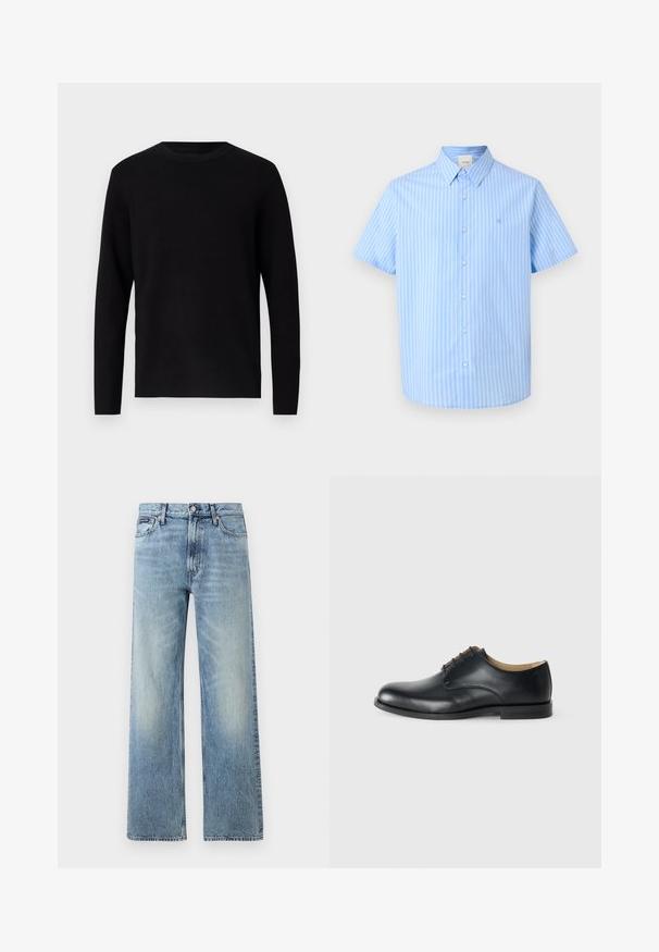 Suéter negro de punto con cuello redondo y mangas largas. Textura suave y color sólido, sin patrones ni acentos visibles.; Camisa de manga corta azul claro con rayas verticales blancas y cuello, con un pequeño logo bordado en el pecho.; Vaqueros de mezclilla azul claro de corte recto con cintura alta, cinco bolsillos, cierre de botón y sutil desgaste en los muslos y las rodillas.; Calvin Klein ESS DERBY - Zapatos de vestir - triple black