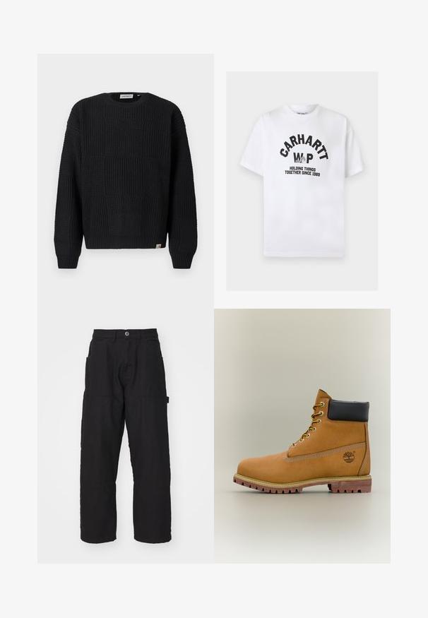 Pull en maille noire avec un design texturé en patchwork. Il présente un col rond, des manches longues et un petit logo de la marque sur l'ourlet.; T-shirt blanc à manches courtes et col rond avec texte noir "CARHARTT WIP", un graphisme d'une main tenant un tissu, et le slogan "HOLDING THINGS TOGETHER SINCE 1989".; Pantalons cargo noirs à coupe droite, dotés de plusieurs poches et d'une fermeture à bouton. Fabriqués en tissu en coton durable avec des coutures visibles.; Bottine en cuir marron avec col noir, lacets jaunes et semelle beige. Présente un logo et des détails de couture blanche. Semelle extérieure à traction robuste.