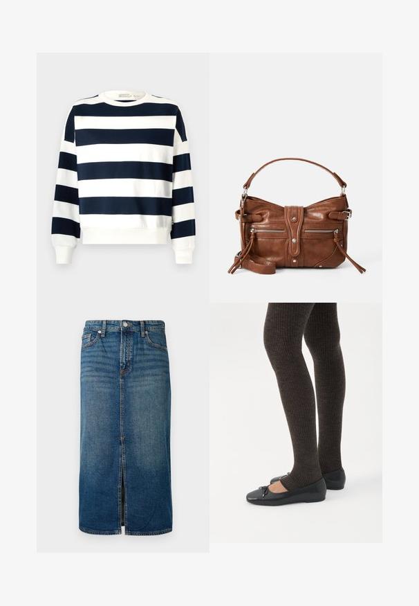 Laadittu ja valkoinen raidallinen huppari, jossa on pyöreä pääntie, pitkät hihat ja resorit. Pehmeä kangas ja rento leikkaus.; Tummansininen denim-midi-hame, jossa on etuhalkio, viisi taskua ja kontrastivärinen tikkaus. Vyötäröllä on nappi- ja vetoketjukiinnitys.; Jalat, joissa tummat ribbineuleiset leggingsit yhdistettynä mustiin balettitossuihin, joissa on pienet rusettikoristeet valkoisella taustalla.; Ruskea nahkainen käsilaukku pyöreällä muotoilulla, jossa on kaksi etupuolen vetoketjullista taskua ja irrotettava olkahihna. Varustettu hopeanvärisillä yksityiskohdilla ja ompelulla.