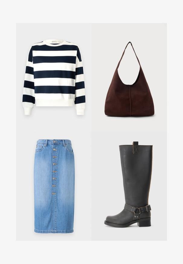 Sweatshirt rayé bleu marine et blanc avec un col rond, des manches longues et des poignets côtelés. Tissu doux avec une coupe décontractée.; Jupe midi en denim bleu avec une coupe droite, dotée d'une fermeture à boutons sur le devant, de cinq poches et d'un délavage pour une texture.; Bottes noires en cuir, montantes jusqu'au genou, avec une finition texturée, présentant une boucle sur le côté et un talon bas. Couture détaillée le long des coutures.; Sac hobo en daim marron avec une grande ouverture courbée et une large bandoulière. Présente une couture centrée à l'avant. Texture lisse.
