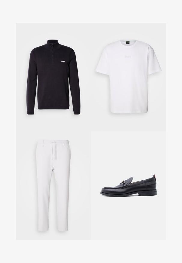 Marineblauer Quarter-Zip-Pullover aus weichem Stoff, mit einem gerippten Kragen und Bündchen, sowie einem kleinen weißen "BOSS"-Logo auf der Brust.; Weißes Baumwoll-T-Shirt mit kurzen Ärmeln, rundem Ausschnitt und geprägtem "BOSS"-Logo auf der Brust. Glatte Textur, normale Passform.; Weiße, schmal zulaufende Hosen mit elastischem Bund, Kordelzugverschluss, glatter Textur und ohne sichtbare Muster oder Akzente.; Schwarzer Lederloafer mit grauem, strukturiertem Vorderblatt, silberner Metallschnalle, niedrigem Absatz und Zuglasche hinten.