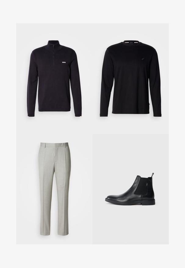 Marineblå quarter-zip sweater fremstillet af blødt stof, med ribbet krave og manchetter, samt et lille hvidt "BOSS" logo på brystet.; Sort langærmet t-shirt lavet af bomuld, med rund hals, en lille logo på brystet og en glat, ensartet tekstur.; Lysegrå, skræddersyede bukser lavet af glat stof med lige snit, for-pressede læg og klassisk linning med bæltestropper.; Sorte læder Chelsea støvler med elastiske sidepaneler, en pull-tab og en flad gummisål. Glat tekstur med minimal detaljer.