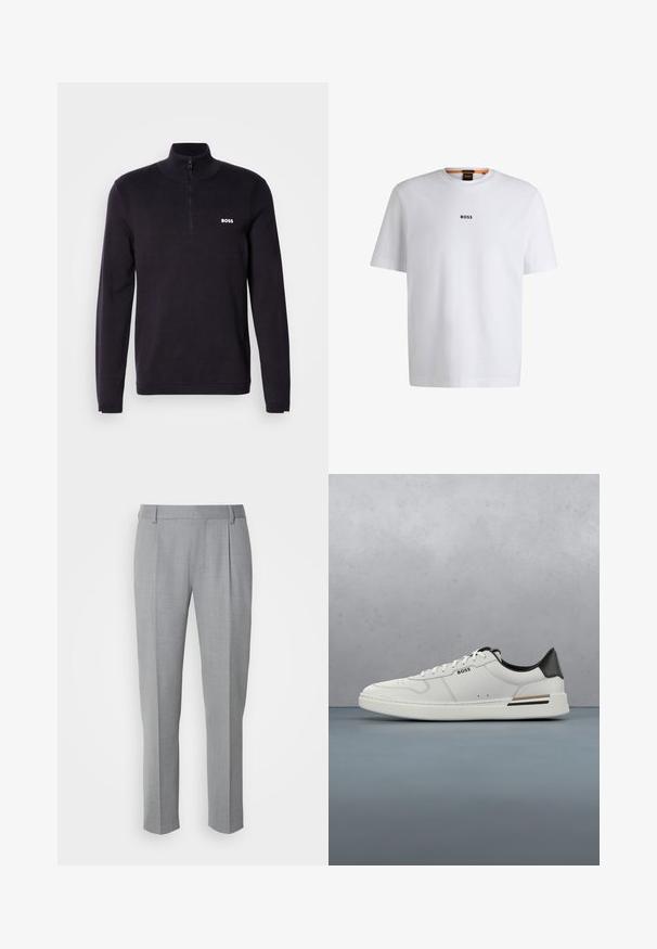 Marineblå quarter-zip sweater fremstillet af blødt stof, med ribbet krave og manchetter, samt et lille hvidt "BOSS" logo på brystet.; Hvid bomuld T-shirt med korte ærmer, med et sort "BOSS" logo centreret på brystet og en rund halsudskæring.; Grå skræddersyede bukser med en glat tekstur, som har en flad front, lige ben og diskrete folder for ekstra detalje.; Hvide lavtoppede sneakers med sort hæl, snørebånds lukning, subtile perforeringer og "BOSS" logo på siden, vist fra ydersiden i profil.