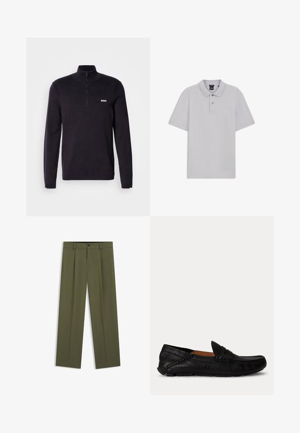 Marineblå quarter-zip sweater fremstillet af blødt stof, med ribbet krave og manchetter, samt et lille hvidt "BOSS" logo på brystet.; Lys grå kortærmet poloshirt med to knapper og lille broderet logo på venstre bryst, lagt fladt på hvid baggrund.; Olivengrønne bukser med lige ben, bæltestropper, en knap foran og lynlås, vist fladt mod en hvid baggrund.; Sort læder slip-on loafer med rundet tå og syede detaljer langs siderne og toppen, vist fra siden på hvid baggrund.