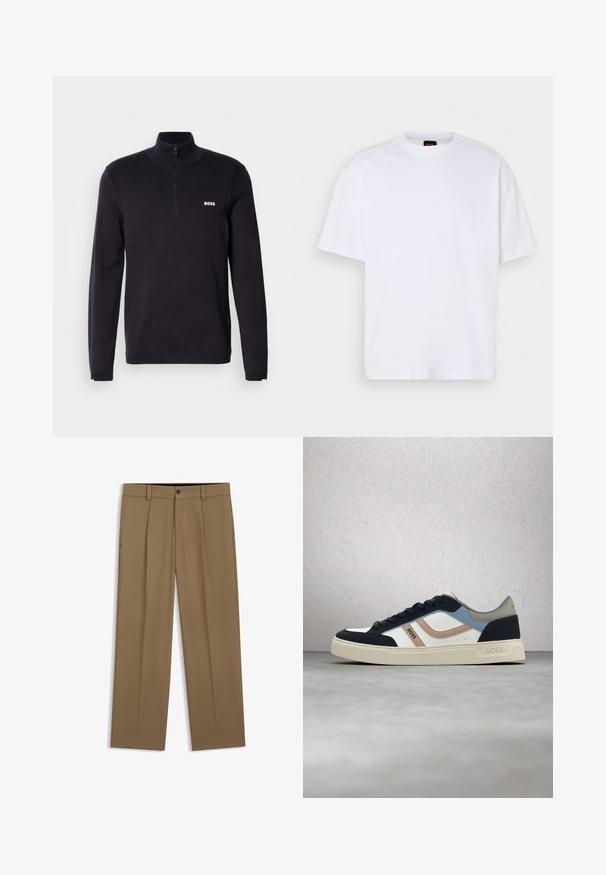 Marineblå quarter-zip sweater fremstillet af blødt stof, med ribbet krave og manchetter, samt et lille hvidt "BOSS" logo på brystet.; Hvid bomulds T-shirt med rund hals, korte ærmer og en afslappet pasform. Har strukturerede skuldersømme for ekstra detaljer.; Brune lige bukser med bæltestropper, forreste knap og lynlås, vist fladt på en hvid baggrund.; Hvid, navy, blå og tan BOSS-sneaker med sorte snørebånd, svævende over en poleret betongulv nær en glasblokvæg.