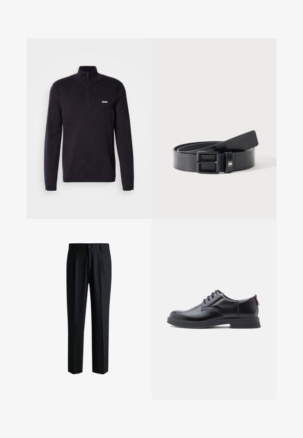 Marineblauwe quarter-zip pullover trui gemaakt van zacht materiaal, met een geribde kraag en manchetten, en een klein wit "BOSS" logo op de borst.; Zwarte broek van gladde stof, met een rechte pijpdesign, plooien aan de voorkant en een knoopsluiting met riemlussen.; Zwarte leren veter schoenen met een gladde textuur, ronde neus en subtiel stiksel detail. Voorzien van een rode trekband op de hiel.; Zwarte leren riem met matte zwarte metalen gesp, licht opgerold met het uiteinde van de band rustend op een wit oppervlak.