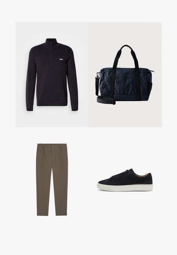 Marineblå quarter-zip sweater fremstillet af blødt stof, med ribbet krave og manchetter, samt et lille hvidt "BOSS" logo på brystet.; Brune, slanke bukser med diskrete, lodrette striber, bæltestropper, forlommer og lynlåslukning foran.; Suede sorte sneakers med hvid gummisål, strømlinet design, rund tå og tonale snørebånd. Har minimal syning og subtile detaljer.; Duffelbag i mørkeblå stof med sorte håndtag, forreste lynlåslomme, justerbar skulderrem og "BOSS"-logo centreret over lommen.