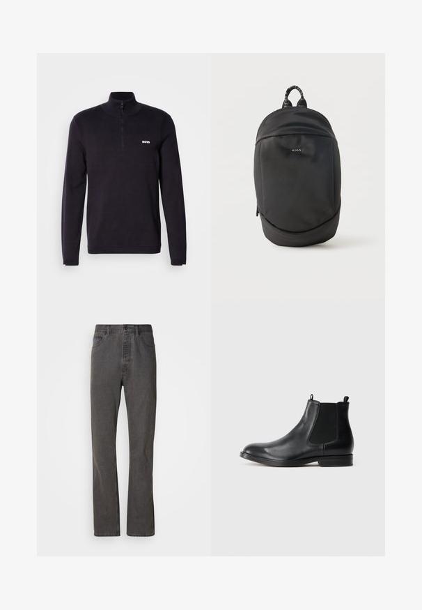 Marineblå quarter-zip sweater fremstillet af blødt stof, med ribbet krave og manchetter, samt et lille hvidt "BOSS" logo på brystet.; Grå denim jeans med lige ben-design, der har forlommer, knaplukning og subtil tekstur.; Sorte læder Chelsea støvler med elastiske sidepaneler, rund tå, trækstrop og en lav blokhæl. Glat tekstur og minimalistisk design.; Sort Hugo rygsæk med rundet top, lynlåslomme foran og stofstrop.