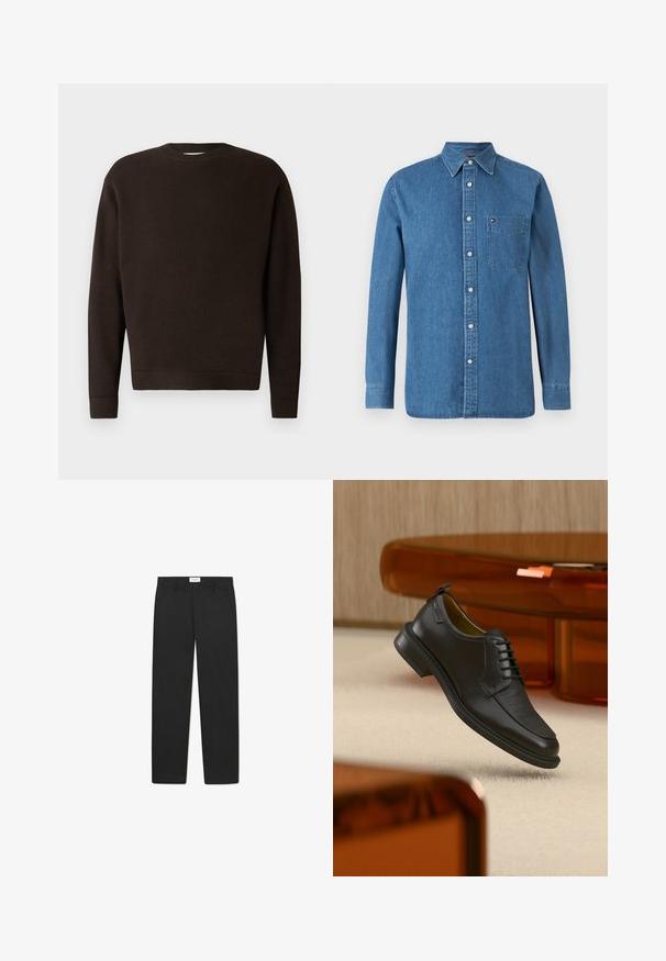 Suéter de cuello redondo marrón oscuro hecho de tejido texturizado. Presenta mangas largas y puños y dobladillo acanalados. Diseño minimalista sin patrones ni acentos.; Camisa de mezclilla en azul, con cuello tipo botón, mangas largas, botonera frontal y un bolsillo en el pecho con acento de logo.; Pantalones negros con un diseño de pierna recta, hechos de una tela de textura suave, que cuentan con dos bolsillos frontales y una cinturilla estándar.; Zapato de vestir negro de piel con cordones y parte delantera texturizada, flotando sobre una alfombra beige en una habitación moderna con muebles de tono ámbar.