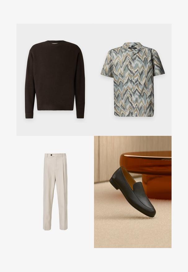 Dunkelbrauner Rundhals-Pullover aus strukturiertem Stoff. Mit langen Ärmeln sowie gerippten Bündchen und Saum. Minimalistisches Design ohne Muster oder Akzente.; Kurzarmhemd mit wellenförmigem Muster in verschiedenen Teal-, Grau-, Beige- und Goldtönen. Hergestellt aus leichtem Stoff mit Knopfleiste.; Beige maßgeschneiderte Hose mit geradem Beinschnitt, vorderen Falten, Knopfverschluss und glatter Stoffstruktur.; Schwarzer Lederschuh (Loafer), der auf beigem Teppich liegt, mit einem glänzenden braunen runden Tisch im Hintergrund.
