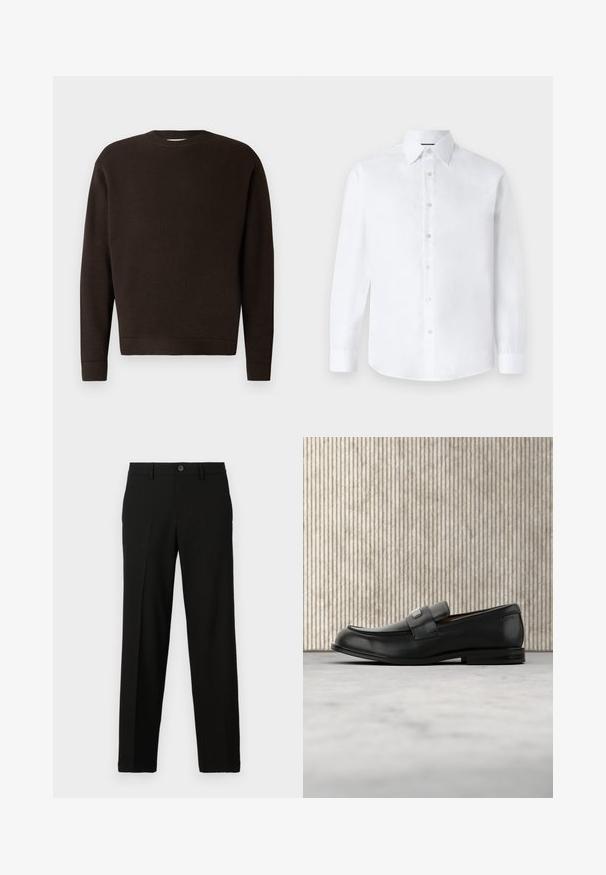 Suéter de cuello redondo marrón oscuro hecho de tejido texturizado. Presenta mangas largas y puños y dobladillo acanalados. Diseño minimalista sin patrones ni acentos.; Camisa blanca de manga larga con cuello clásico, cierre delantero de botones y dobladillo redondeado. Fabricada en suave algodón sin estampados.; Pantalones negros de tejido suave, con un corte recto, cierre de botón en la cintura y sin patrones ni detalles visibles.; Mocasín de cuero negro con una placa metálica de marca apoyado cerca de una mesa redonda marrón sobre un suelo alfombrado beige.