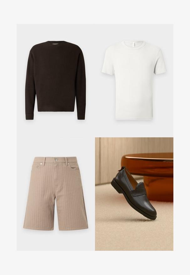 Mørkebrun crewneck sweater lavet af tekstureret stof. Har lange ærmer samt ribbede manchetter og kant. Minimalistisk design uden mønstre eller accenter.; Hvid kortærmet T-shirt med rund hals lagt fladt på en lysgrå baggrund med en lille stofmærkat ved kraven.; Beige shorts lavet af tekstureret stof med lodrette striber, en linning med knap foran og sidelommer.; Sort læderloafer med lav hæl svævende over beige tæppe ved siden af et blankt ravfarvet bord i et minimalistisk rum.