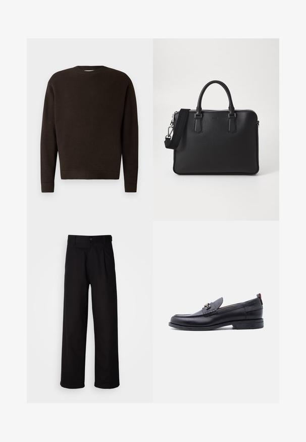 Suéter de cuello redondo marrón oscuro hecho de tejido texturizado. Presenta mangas largas y puños y dobladillo acanalados. Diseño minimalista sin patrones ni acentos.; Pantalones negros hechos de una tela suave, con un diseño de pierna recta, pliegues frontales y un cierre de botón en la cintura.; Mocasín de cuero negro con empeine gris texturizado, detalle de hebilla metálica plateada, tacón bajo y lengüeta para tirar en la parte trasera.; Bolso de cuero negro con superficie texturizada, dos asas y una correa para el hombro desmontable. Presenta cremalleras plateadas y elementos de diseño minimalistas.