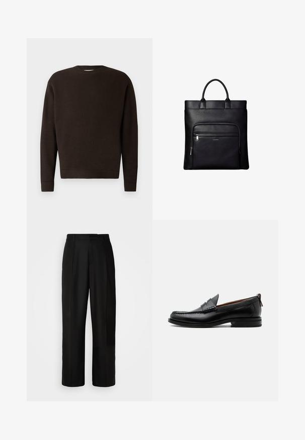 Suéter de cuello redondo marrón oscuro hecho de tejido texturizado. Presenta mangas largas y puños y dobladillo acanalados. Diseño minimalista sin patrones ni acentos.; Pantalones negros con corte recto, textura suave, pliegues frontales y cintura estándar. Diseño minimalista sin patrones adicionales.; Mocasín de hombre de piel negra con costura moc toe, tira penny, cuello texturizado y tacón bajo apilado sobre fondo blanco.; Bolso tote de cuero negro con asas superiores y bolsillo frontal con cremallera que muestra un pequeño logo de Calvin Klein en el bolsillo.