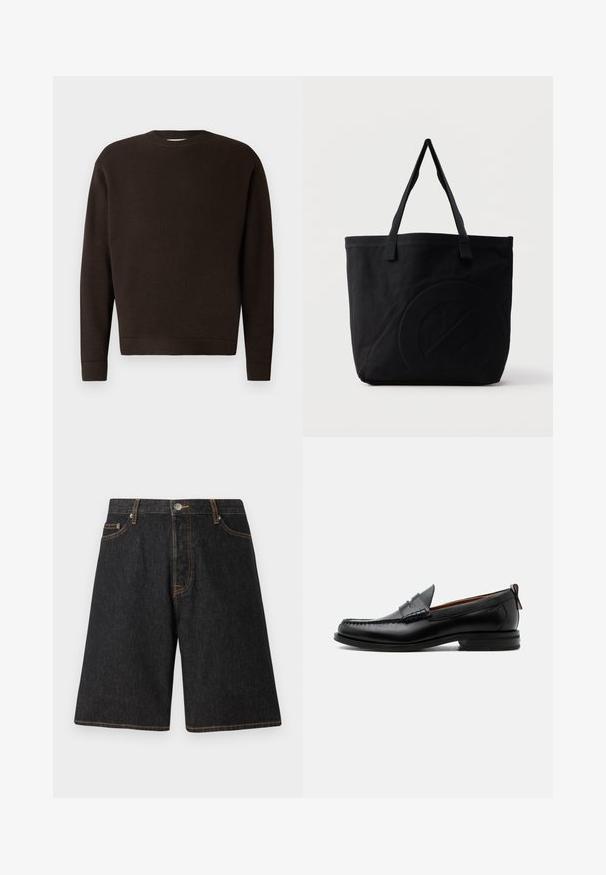 Mørkebrun crewneck sweater lavet af tekstureret stof. Har lange ærmer samt ribbede manchetter og kant. Minimalistisk design uden mønstre eller accenter.; Sorte denimshorts med lige ben, prydet med orange syninger, fem lommer og en metalknaplukning i linningen.; Sort læder herre loafer med moc-tå syning, penny strop, struktureret krave og lav stablet hæl på hvid baggrund.; Sort canvas-tote-taske med to skulderstropper og et diskret præget cirkeldesign på fronten.