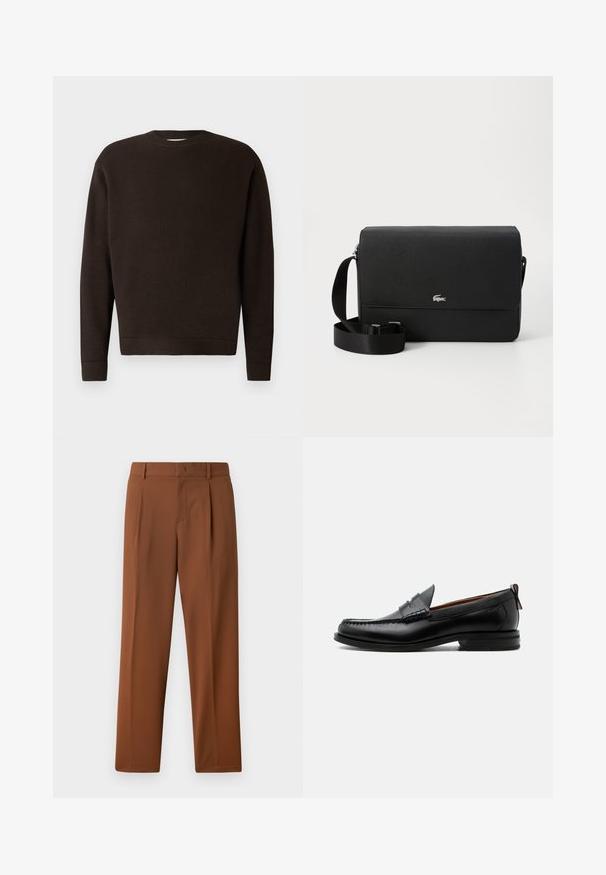 Mørkebrun crewneck sweater lavet af tekstureret stof. Har lange ærmer samt ribbede manchetter og kant. Minimalistisk design uden mønstre eller accenter.; Brune bukser med en glat, mat tekstur, der har en folder foran og lige ben. Lavet af letvægts, åndbart stof.; Sort læder herre loafer med moc-tå syning, penny strop, struktureret krave og lav stablet hæl på hvid baggrund.; Sort læder crossbody taske med en glat overflade, en frontklap, sølv logo accent og en justerbar stofrem.