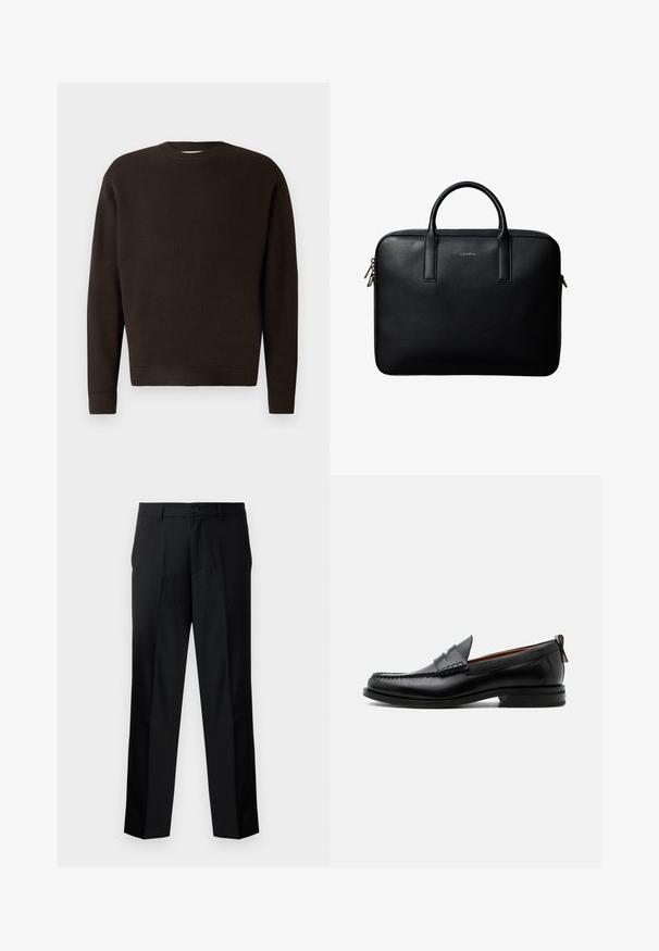 Suéter de cuello redondo marrón oscuro hecho de tejido texturizado. Presenta mangas largas y puños y dobladillo acanalados. Diseño minimalista sin patrones ni acentos.; Pantalones negros de corte recto y ajustados, con cierre de botón, cremallera y trabillas para cinturón. Tejido suave con bolsillos laterales.; Mocasín de hombre de piel negra con costura moc toe, tira penny, cuello texturizado y tacón bajo apilado sobre fondo blanco.; Maletín de cuero negro texturizado con doble asa y tiradores de cremallera plateados, centrado sobre fondo blanco.