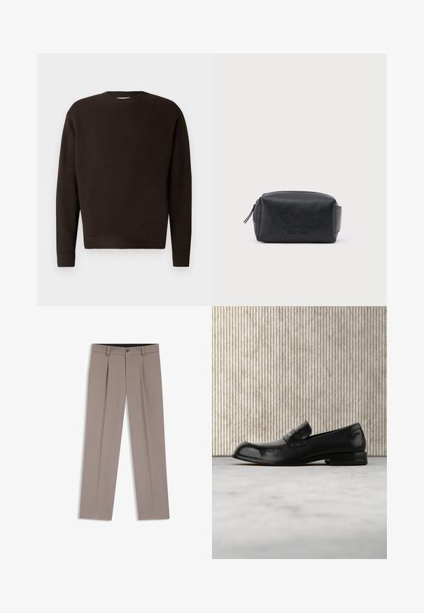 Dunkelbrauner Rundhals-Pullover aus strukturiertem Stoff. Mit langen Ärmeln sowie gerippten Bündchen und Saum. Minimalistisches Design ohne Muster oder Akzente.; Hellbraune, maßgeschneiderte Herrenhose mit Gürtelschlaufen, Bügelfalten, vorderem Knopf und Reißverschluss, flach auf weißem Hintergrund liegend.; Schwarzer Leder-Loafer mit Metallakzent, der schwebend über einem beigen Teppich präsentiert wird, im Hintergrund ein runder, bernsteinfarbener Tisch.; Schwarze, rechteckige Leder-Kosmetiktasche mit Reißverschluss und geprägt eingraviertem Markennamen auf der Vorderseite, vor einem schlichten weißen Hintergrund.