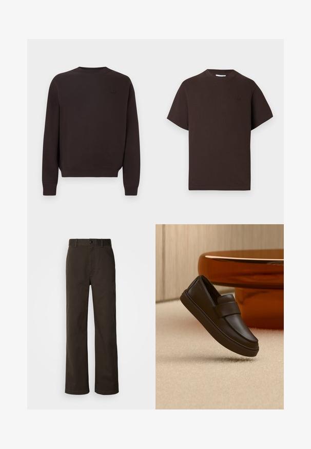 Sweat-shirt marron foncé en mélange de coton, avec un col rond, des poignets et une base côtelés, et un logo discret sur la poitrine.; T-shirt en coton marron avec col rond et manches courtes. Présente un logo discret sur la poitrine gauche et une coupe décontractée.; Pantalons en coton marron avec une coupe droite, dotés d'une fermeture à bouton, de passants de ceinture et de détails de couture minimalistes.; Une chaussure mocassin en cuir marron foncé flottant au-dessus d'un tapis crème avec une table ronde orange en arrière-plan.