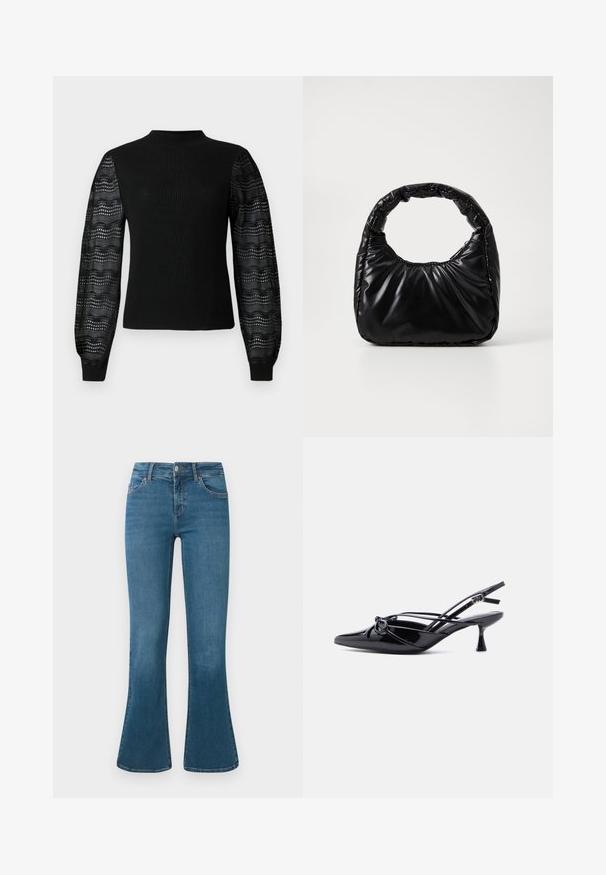 Sort sweater med ribbelt tekstur og høj halsudskæring, med gennemsigtige mønstrede laceærmer og tætsiddende manchetter.; Blå denim flared jeans med en mellemhøj talje, fem-lomme design og diskrete syninger. Glat tekstur med en klassisk vask.; Sort laklæder slingback-pumpe med spids tå, lav kittenhæl og dekorativ knyttet sløjfedetalje foran.; Sort polstret håndtaske med et rundt håndtag, der har en glat, skinnende overflade og en blød, kviltet tekstur. Ingen synlige hardware eller accenter.