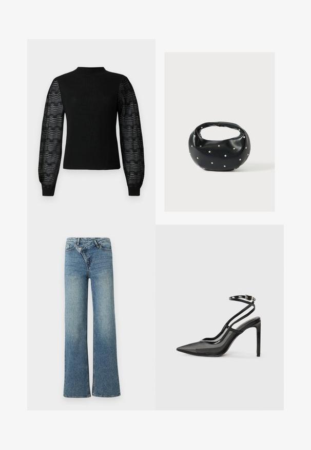 Zwarte trui met een geribbelde textuur en een hoge halslijn, voorzien van transparante, geprinte kanten mouwen en aansluitende manchetten.; Lichtblauwe denim wijduitlopende jeans met een hoge taille, lichte vervaging en een knoopsluiting aan de voorkant. Voorzien van vijf zakken en minimale stiksels.; Zwarte hoge hakken met een spitse neus, combinatie van mesh en lakleer, enkelbandje met gespdetail, elegante silhouet.; Zwarte leren handtas met een afgeronde vorm, versierd met zilveren studs, en een korte handgreep. Gladde textuur en ritsluiting.