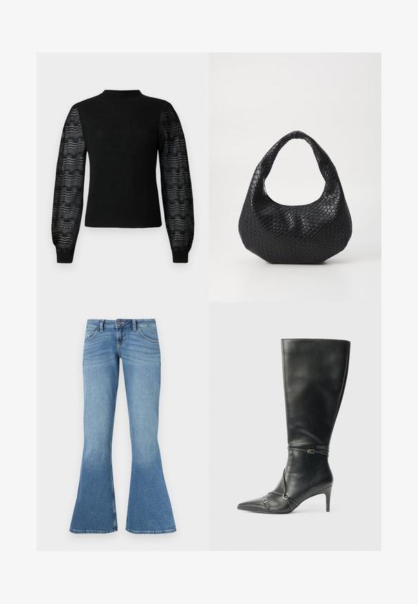 Zwarte trui met een geribbelde textuur en een hoge halslijn, voorzien van transparante, geprinte kanten mouwen en aansluitende manchetten.; Blauwe denim flared jeans met een hoge taille, voorzien van vijf zakken, contrasterende stiksels en een lichte kleurverloop naar de zoom toe.; Zwarte leren kniehoge laarzen met een slanke hak, puntige neus en banddetail bij de enkel. Gladde textuur en aansluitend ontwerp.; Zwarte geweven handtas met een gebogen handvat, met een gestructureerd oppervlak en een slouchy vorm. Gladde afwerking met een organische silhouette.