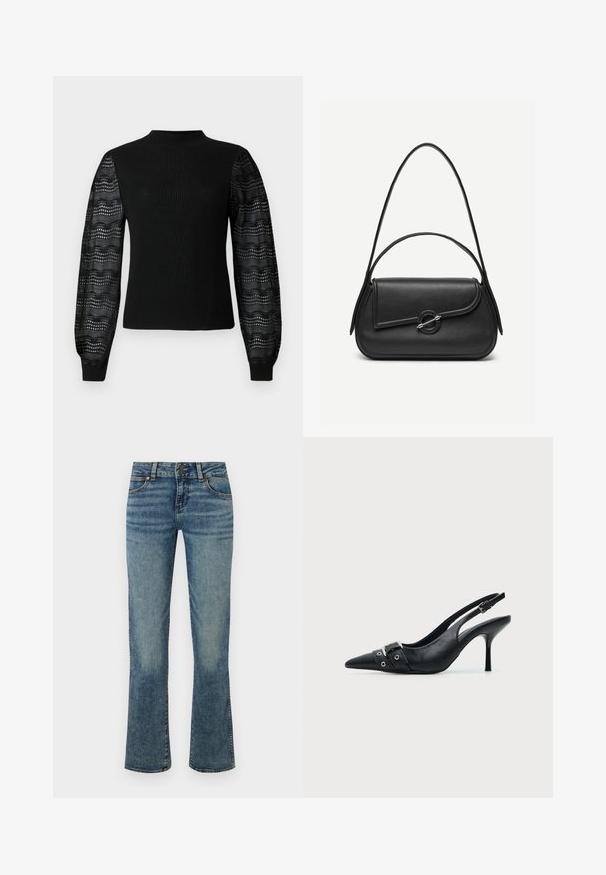 Sort sweater med ribbelt tekstur og høj halsudskæring, med gennemsigtige mønstrede laceærmer og tætsiddende manchetter.; Blå denim jeans med mellemhøj talje, knaplukning, forlommer og let udvidede ben med falmede detaljer.; Sort læder højhælet sko med spidst tåparti, slingback og rem med spænde og nitter foran.; Sort læderhåndtaske med afrundede kanter, asymmetrisk klap, metalcirkulært spænde samt både korte og lange skulderstropper.