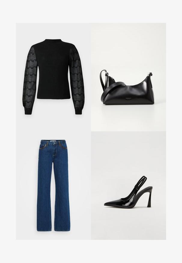 Zwarte trui met een geribbelde textuur en een hoge halslijn, voorzien van transparante, geprinte kanten mouwen en aansluitende manchetten.; Blauwe flared jeans van denim met contrasterende stiksels, een vijf-pocket ontwerp en een ritssluiting. De stof heeft een zachte textuur met een lichte vervaging.; Zwarte gepatineerde leren slingback pump met puntige neus, slanke hoge hak en dubbele elastische band voor een veilige pasvorm. Gladde, glanzende oppervlakte.; Zwarte leren handtas met een gladde textuur. Beschikt over een verstelbare schouderband en een strak, minimalistisch ontwerp met een ritssluiting.