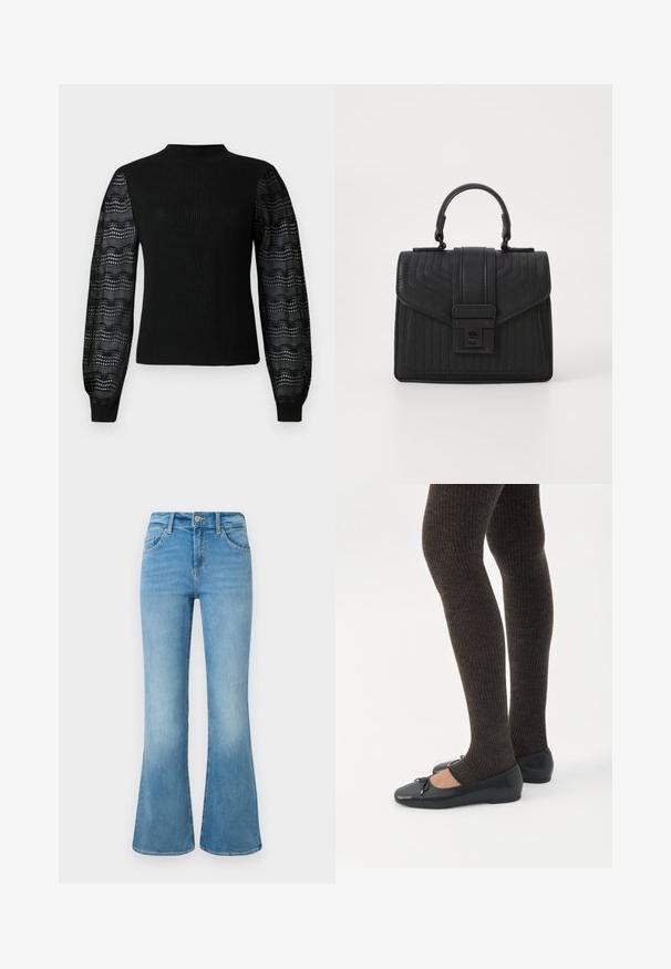 Pull noir avec une texture côtelée et un col haut, doté de manches en dentelle transparente à motif et de poignets ajustés.; Jean flare en denim bleu clair avec poches avant, passants de ceinture et fermeture à bouton sur un fond blanc.; Jambes portant des leggings côtelés foncés associés à des ballerines noires avec de petits détails en nœud sur fond blanc.; Sac à main en cuir noir avec une texture matelassée, de forme rectangulaire, une anse supérieure et un rabat frontal doté d'un fermoir en métal argenté.