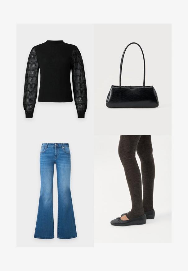 Zwarte trui met een geribbelde textuur en een hoge halslijn, voorzien van transparante, geprinte kanten mouwen en aansluitende manchetten.; Flared blauwe denim jeans met een medium hoge taille, vijf zakken en vervaagde details op de dijen. Zilveren accenten op de knopen.; Benen met donkere geribbelde leggings gecombineerd met zwarte ballerina's met kleine strikdetails op een witte achtergrond.; Zwarte rechthoekige schoudertas met lange dunne banden en een gladde, glanzende textuur op een effen achtergrond.