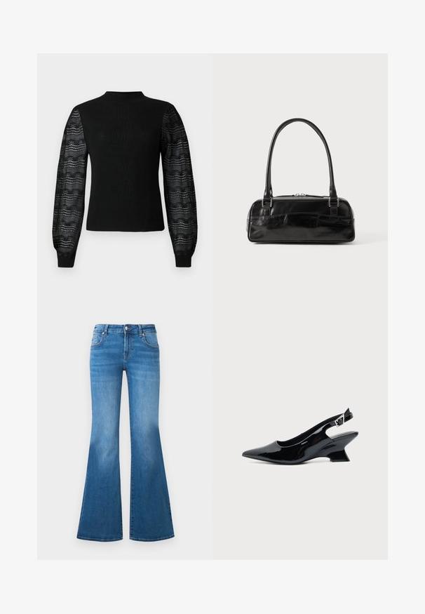 Zwarte trui met een geribbelde textuur en een hoge halslijn, voorzien van transparante, geprinte kanten mouwen en aansluitende manchetten.; Flared blauwe denim jeans met een medium hoge taille, vijf zakken en vervaagde details op de dijen. Zilveren accenten op de knopen.; Zwarte lakleren slingback schoen met spitse neus en lage schuine blokhak op een effen lichte achtergrond.; Zwarte leren handtas met een rechthoekige vorm, voorzien van een enkele gestructureerde handgreep, zilveren hardware en ritsluiting. Gladde textuur.