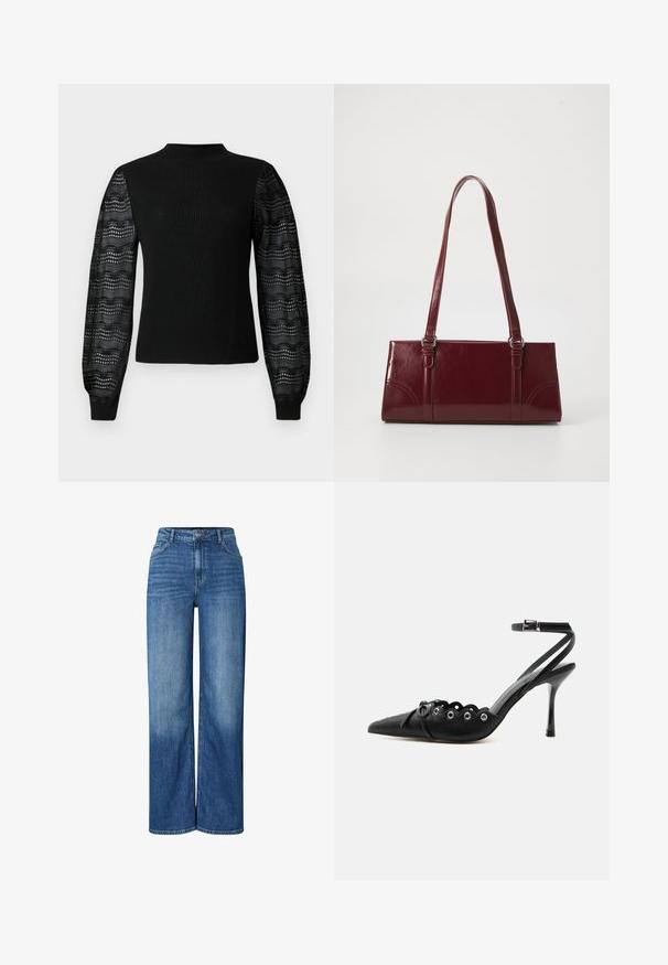 Suéter negro con textura acanalada y un cuello alto, con mangas de encaje transparente con estampado y puños ajustados.; Jeans de mezclilla azul de pierna ancha con cintura alta, que presentan áreas desgastadas, diseño tradicional de cinco bolsillos y cierre de botón en la parte frontal.; Zapato de tacón alto negro con punta fina, bordes ondulados, ojales metálicos, cordones delanteros y una correa en el tobillo con cierre de hebilla.; Bolso burdeos hecho de material brillante, de forma rectangular, con dos asas para el hombro y sutiles acentos curvados en la parte frontal.
