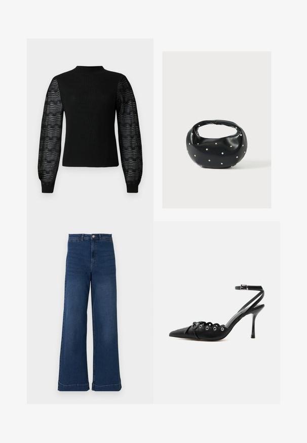 Zwarte trui met een geribbelde textuur en een hoge halslijn, voorzien van transparante, geprinte kanten mouwen en aansluitende manchetten.; Wijdvallende blauwe denim jeans met een hoge taille, voorzien van een knoopsluiting aan de voorkant, vijf zakken en subtiele stikseldetails.; Zwarte pumps met hoge hak en spitse neus, gegolfde randen, metalen oogjes, vetergespsluiting aan de voorzijde en enkelriem met gespsluiting.; Zwarte leren handtas met een afgeronde vorm, versierd met zilveren studs, en een korte handgreep. Gladde textuur en ritsluiting.