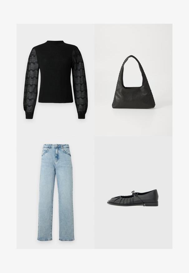 Zwarte trui met een geribbelde textuur en een hoge halslijn, voorzien van transparante, geprinte kanten mouwen en aansluitende manchetten.; Lichtblauwe, high-waisted, rechte spijkerbroek van denim, met vijf zakken, subtiele verwassing en contrasterende stiksels langs de naden.; Zwarte platte schoen met geplooid voorkantontwerp en een gestrikte strik bovenop, lage hak en gladde textuur op een lichtgrijze achtergrond.; Zwart leren handtas met een triangulaire vorm, een grote uitsparingshandgreep en gedetailleerde stiksels langs de randen. Glad textuur.