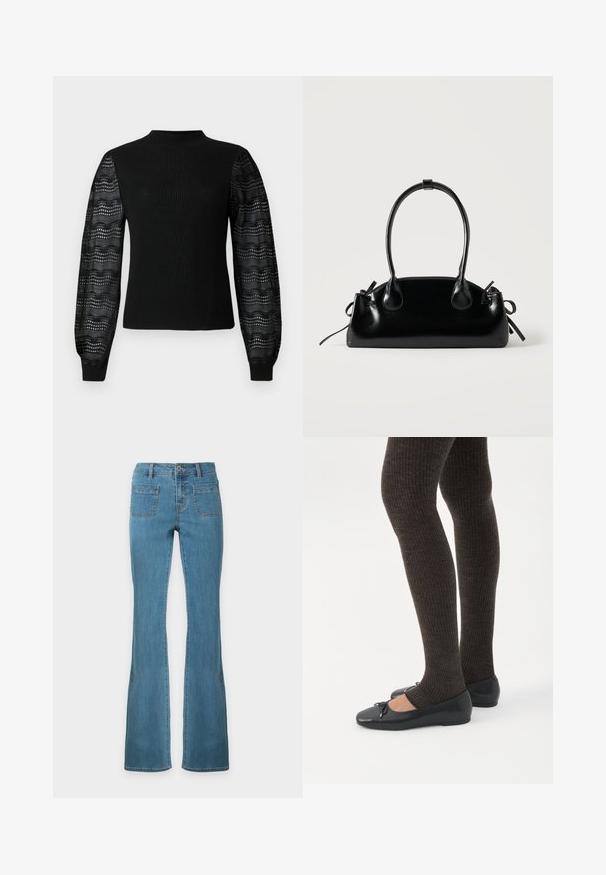 Sort sweater med ribbelt tekstur og høj halsudskæring, med gennemsigtige mønstrede laceærmer og tætsiddende manchetter.; Blå denim flared jeans med forlommer, bæltestropper, knap og lynlås, vist fladt mod en hvid baggrund.; Ben iført mørke ribbede leggings kombineret med sorte balletsko med små sløjfedetaljer på hvid baggrund.; Lille sort blank håndtaske med to lange håndtag og snøre-detaljer i siden på en ensfarvet lys baggrund.