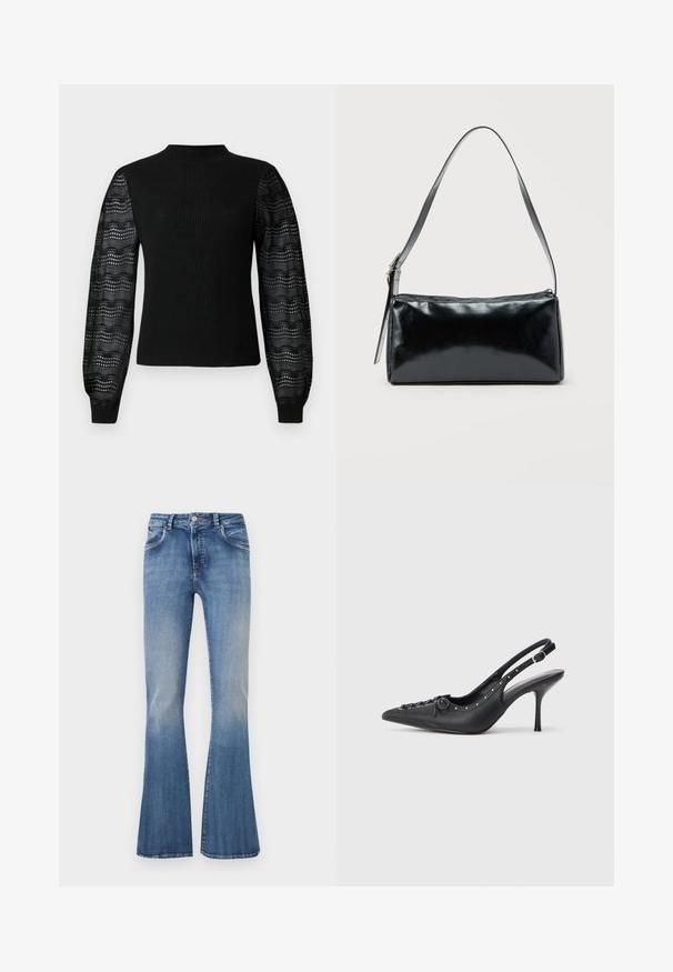 Sort sweater med ribbelt tekstur og høj halsudskæring, med gennemsigtige mønstrede laceærmer og tætsiddende manchetter.; Blå højttaljede denimjeans med falmet vask, frontknapper og lynlås, forlommer og udvidede ben.; Sorte læder slingback stiletto med spids tå, side spændebånd, nitter langs kanten og dekorativ snøring foran.; Sort rektangulær skuldertaske med en enkelt justerbar rem og lynlås i toppen på en ensfarvet baggrund.