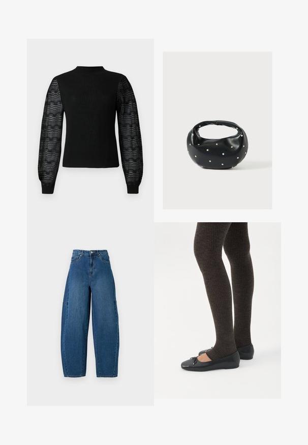 Zwarte trui met een geribbelde textuur en een hoge halslijn, voorzien van transparante, geprinte kanten mouwen en aansluitende manchetten.; Denim spijkerbroek in een medium blauwe wassingen, met een hoge taille, wijde broekspijpen en een standaard vijf-pocket ontwerp met zichtbare stikseldetails.; Benen met donkere geribbelde leggings gecombineerd met zwarte ballerina's met kleine strikdetails op een witte achtergrond.; Zwarte leren handtas met een afgeronde vorm, versierd met zilveren studs, en een korte handgreep. Gladde textuur en ritsluiting.