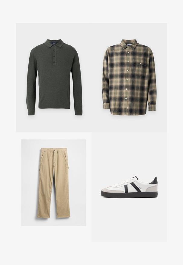 Polo à manches longues en vert foncé, en tissu texturé. Présente un col classique et une patte de boutonnage à trois boutons.; Chemise à carreaux beige et marine, à manches longues, col, poche poitrine unique et boutons blancs, en tissu doux.; Pantalon en velours côtelé beige à jambes droites, avec poches avant et fermeture à bouton. Comprend une poche latérale et un tissu texturé.; Baskets blanches avec des accents noirs et gris, présentant un embout texturé gris, une semelle en caoutchouc noir et des lacets plats blancs. Design épuré, style minimaliste.