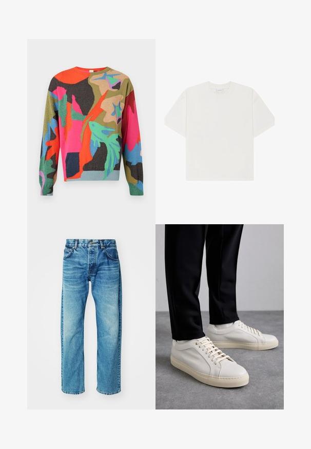 Pull à manches longues à motifs abstraits multicolores avec des formes irrégulières orange vif, rose, vert, bleu et noir sur un fond clair.; T-shirt blanc en coton avec col rond, manches courtes et coupe ample. Texture lisse sans motifs ni éléments métalliques apparents.; Jean en denim bleu à coupe décontractée, avec cinq poches, un bouton à fermeture, un léger délavage et un ourlet légèrement effiloché.; Baskets en cuir beige clair avec des lacets plats, une surface texturée et une semelle en caoutchouc crème contrastante, associées à un pantalon noir fuselé.