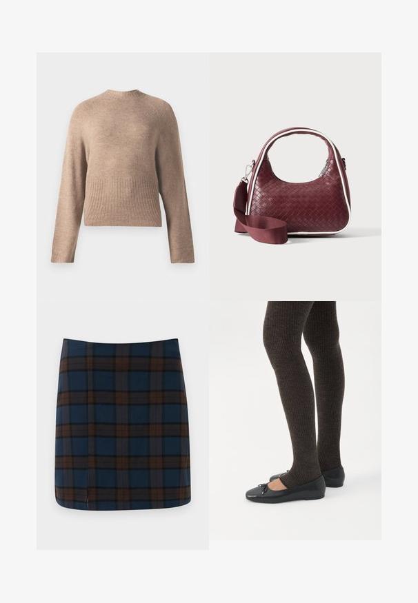 Pull en tricot beige avec un col rond, des manches longues et un ourlet côtelé. Texture douce et coupe décontractée avec un design de manches raglan.; Jupe mini en tartan bleu marine avec des lignes marron et grises, fabriquée dans un tissu lisse, avec une fente discrète au dos pour plus de liberté de mouvement.; Jambes portant des leggings côtelés foncés associés à des ballerines noires avec de petits détails en nœud sur fond blanc.; Sac à main en cuir tressé marron foncé avec poignée courbée, garniture blanche, fermeture éclair argentée et bandoulière large en tissu amovible sur fond uni.