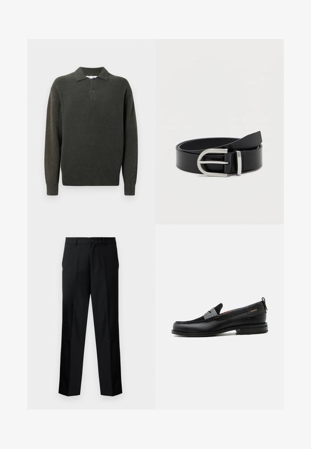 Mørkegrøn pullover sweater med krave, to-knaps placket og ribbet kant. Fremstillet af et struktureret, blødt materiale.; Sorte skræddersyede bukser med lige snit, der har knaplukning, lynlås og bæltestropper. Glat stof med sidelommer.; Sort læderloafer med grå remdetalje, lav hæl og tekstureret sål, mærket med "HUGO" i guld på siden.; Sort læderbælte med en glat overflade, der har en sølvmetalklausul og en klassisk rektangulær form.