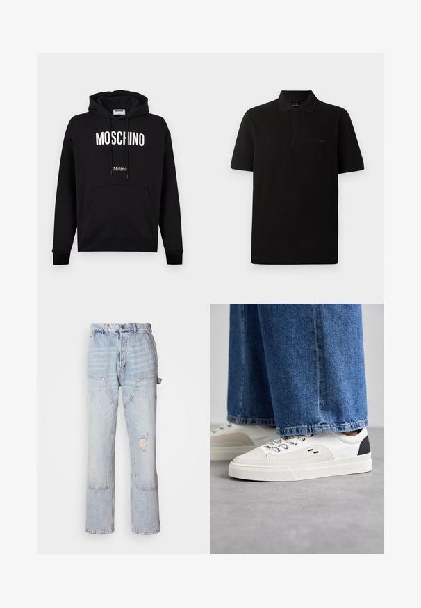 Sweat à capuche en coton noir avec poche kangourou, capuche à cordon de serrage et logo blanc "MOSCHINO" et "Milano". Texture lisse, coupe classique.; Polo shirt en coton noir à manches courtes, avec une patte de boutonnage à trois boutons et un logo brodé discret sur la poitrine gauche. Texture lisse.; Jean en denim bleu clair de type ouvrier avec plusieurs poches, fermeture à bouton à l'avant et fermeture éclair, ainsi que des détails usés sur la cuisse droite.; Baskets blanches et noires avec une tige en cuir lisse, des accents texturés et une semelle épaisse blanche. Présentent un design classique à lacets.
