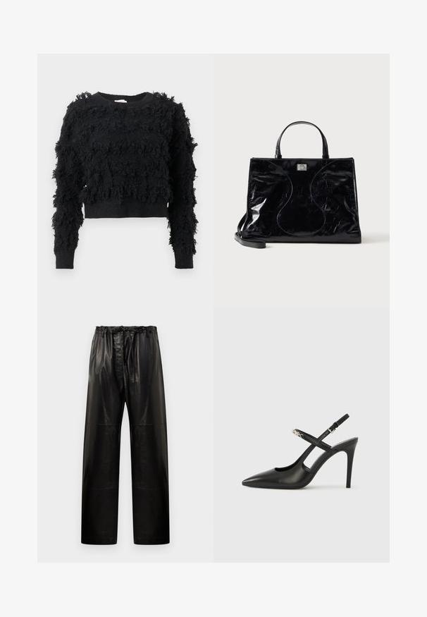 Pull noir court avec une surface texturée et duveteuse. Manches longues et col rond, arborant des motifs irréguliers sur tout le tissu.; Pantalons en cuir noir avec une coupe décontractée, taille élastique et cordon de serrage. Présente une texture lisse et un design à jambes larges.; Escarpins slingback en cuir noir avec bout pointu, design ajouré et bride ajustable ornée de ferrures métalliques.; Sac à main en cuir noir brillant avec poignées courtes, bandoulière amovible et détails de couture discrètement courbés à l’avant.