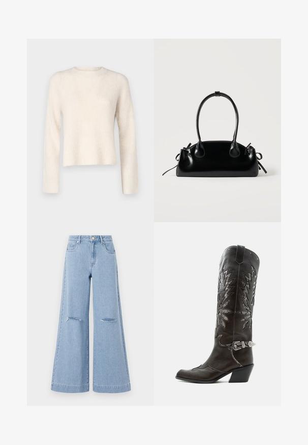 JDY Knitted JDYINGEBORG Knitted - Pullover - pumice stone; Jeans taille haute bleu clair à jambes larges, dotés de deux poches avant et de deux détails de genoux déchirés, fabriqués en matériau denim.; Botte de cowboy en cuir noir avec découpes décoratives, boucle argentée et talon incliné, présentée sur fond blanc.; Petit sac à main noir brillant avec deux longues anses et des détails à cordon sur les côtés sur un fond clair uni.
