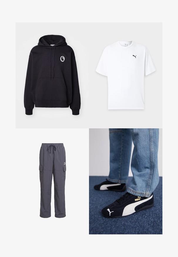 Sort hættetrøje lavet af blødt materiale, med en frontlomme i kangoorustil, snoretræk til hætten og et cirkulært logo på venstre bryst.; Hvid t-shirt med korte ærmer og rund hals med en lille sort Puma-logo på venstre bryst mod en lys baggrund.; Mørkegrå løstsiddende cargobukser med elastisk taljebånd, snøre og klaplommer på siderne, med Puma-logo på højre lår.; Sorte ruskinds sneakers med hvide detaljer og et guldlogo. Båret med lyseblå denimjeans og sat på en struktureret blå overflade.