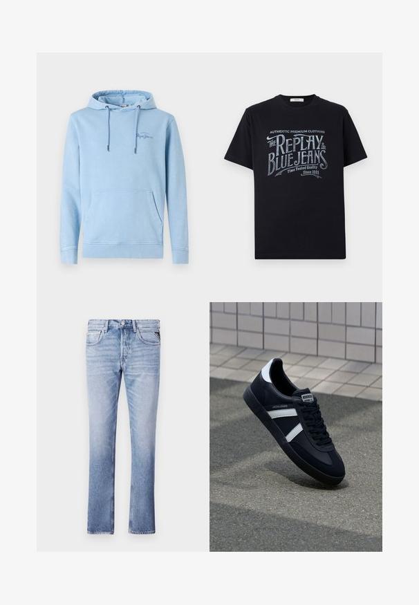 Helle blaue Kapuzenjacke mit einer Vordertasche, verstellbaren Kordeln und dezenten Logodetails. Hergestellt aus weicher Stoff mit einer lässigen Passform.; Schwarzes Baumwoll-T-Shirt mit kurzen Ärmeln und rundem Halsausschnitt, mit einem grafischen Textdesign im Vintage-Stil in Weiß und hellblau auf der Vorderseite.; Hellblaue Denim-Jeans mit geradem Bein, fünf Taschen und sichtbaren Nähdetails. Glatte Textur und klassischer Schnitt.; Schwarze Leder-Sneaker mit weißen Streifen, strukturiertem Gummisohle und Schnürung. Verfügt über ein Markenetikett auf der Zunge.