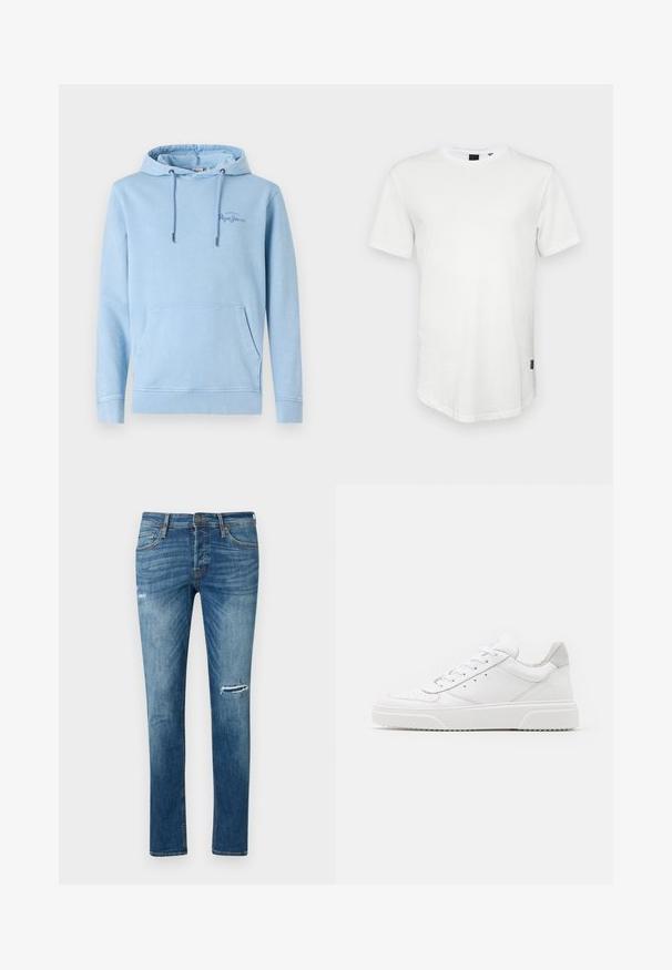 Haut à capuche bleu clair avec une poche frontale, des cordons de serrage ajustables et un détail de logo subtil. Fabriqué à partir d'un tissu doux avec une coupe décontractée.; T-shirt blanc à manches courtes en coton, avec un col rond et un dos légèrement allongé, arborant un petit logo sur le côté.; Jeans en denim bleu slim fit avec une légère décoloration, un déchirure au genou, cinq poches et une fermeture à bouton. Design classique à jambe droite.; Des baskets en cuir blanc avec une finition lisse, un bout rond, des lacets plats et une semelle texturée. Accents en daim gris au niveau du talon.