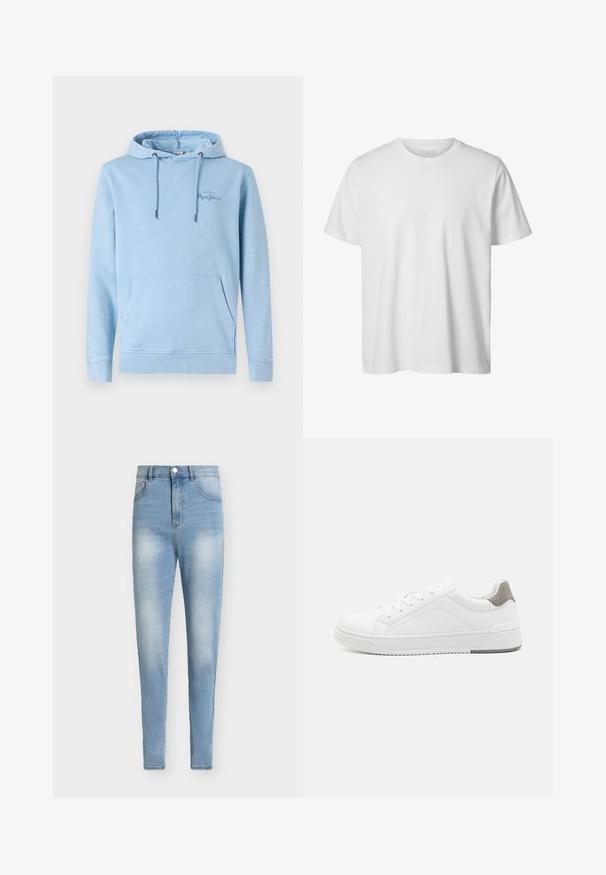 Lyseblå hoodie med en frontlomme, justerbare snore og diskret logodetalje. Fremstillet af blødt stof med en afslappet pasform.; Enkelt hvid T-shirt med korte ærmer og rund hals, løs pasform og uden synlige logoer eller designs foran.; Lyseblå højttaljede jeans i denimstof. Slim fit med falmende detaljer, fem lommer og lukning med metal-knap.; Hvid sneaker lavet af glat læder, rund tå, minimalistisk design, grå hælafsats og tekstureret gummisål.
